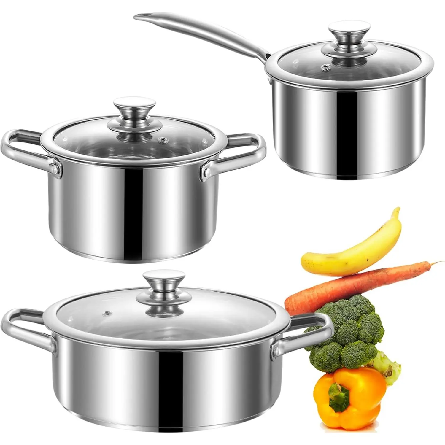 Stainless Steel pots and pans set, 6 Piece Nonstick Induction Kitchen Cookware Set, Works with Induction/Electric and Gas Cooktops, Nonstick, Oven Safe, Camping Cookware