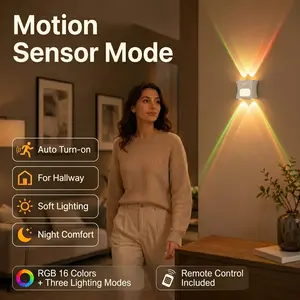 1/2Pcs Body Sensor Wall Light, Magnetic Mount (No Drilling Required), Remote-Controlled RGB Upward and Downward Spotlights, Dimmable, For Living Room, Staircase, Hallway, and Bedroom Ambient Decor, LED Night Light