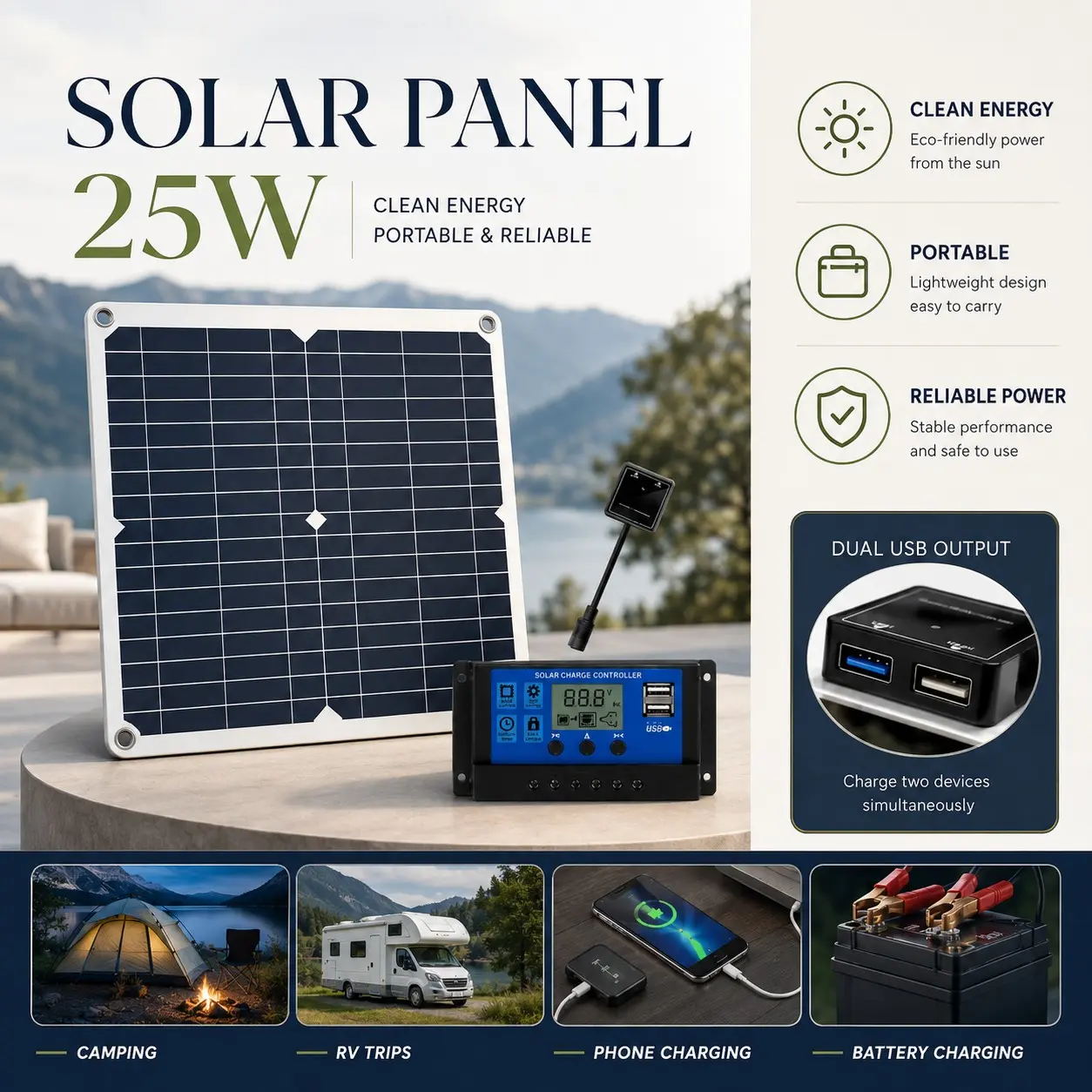 25w Flexible Solar Panel with Controller, Single Crystal Silicon, Ideal for Curved Roofs and Garden Walls, Outdoor Camping, RV, Travel Trailer, Portable Solar Panels, Solar Panel System