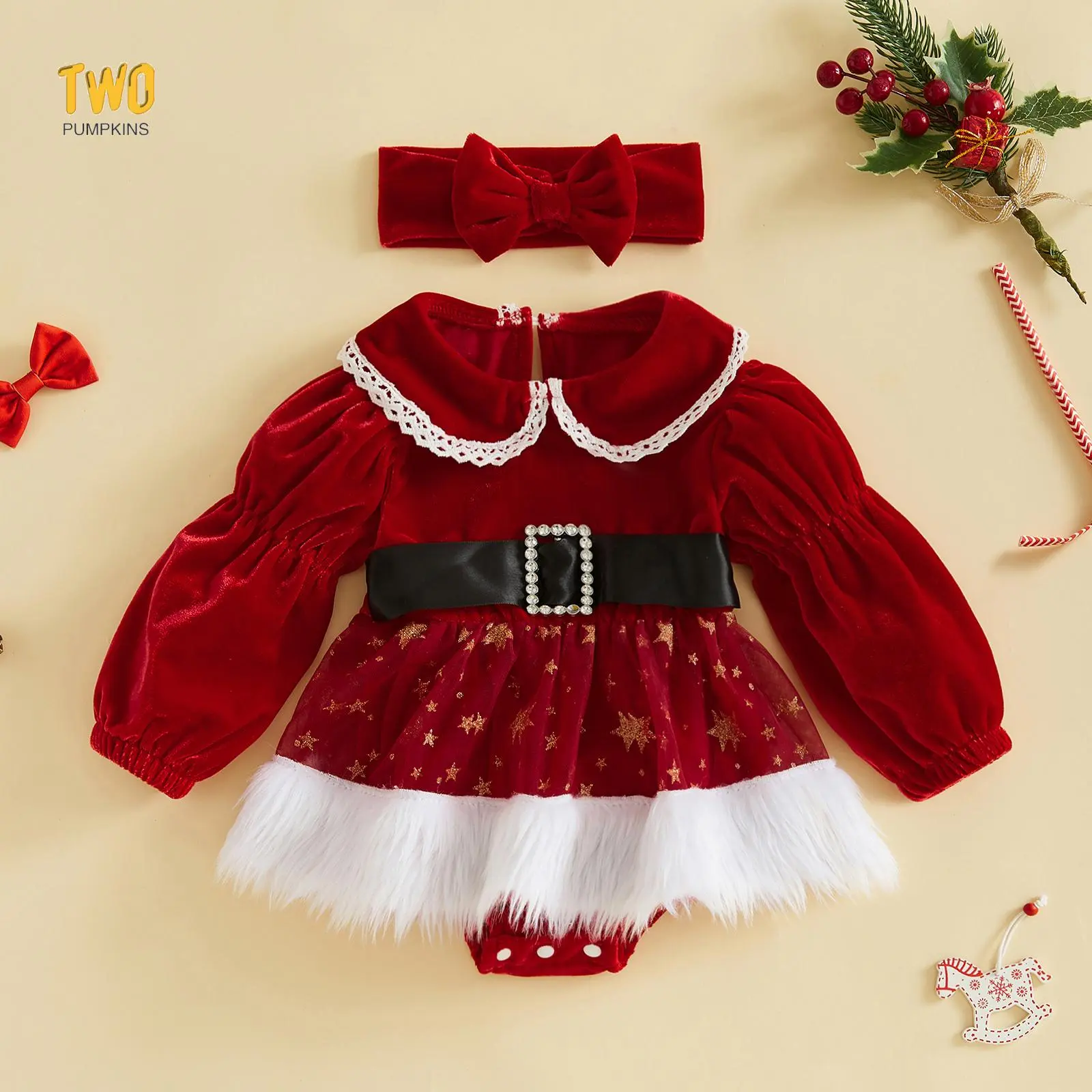 Baby Girl Christmas Romper Dress Long Sleeve Velvet Jumpsuits with Headband
