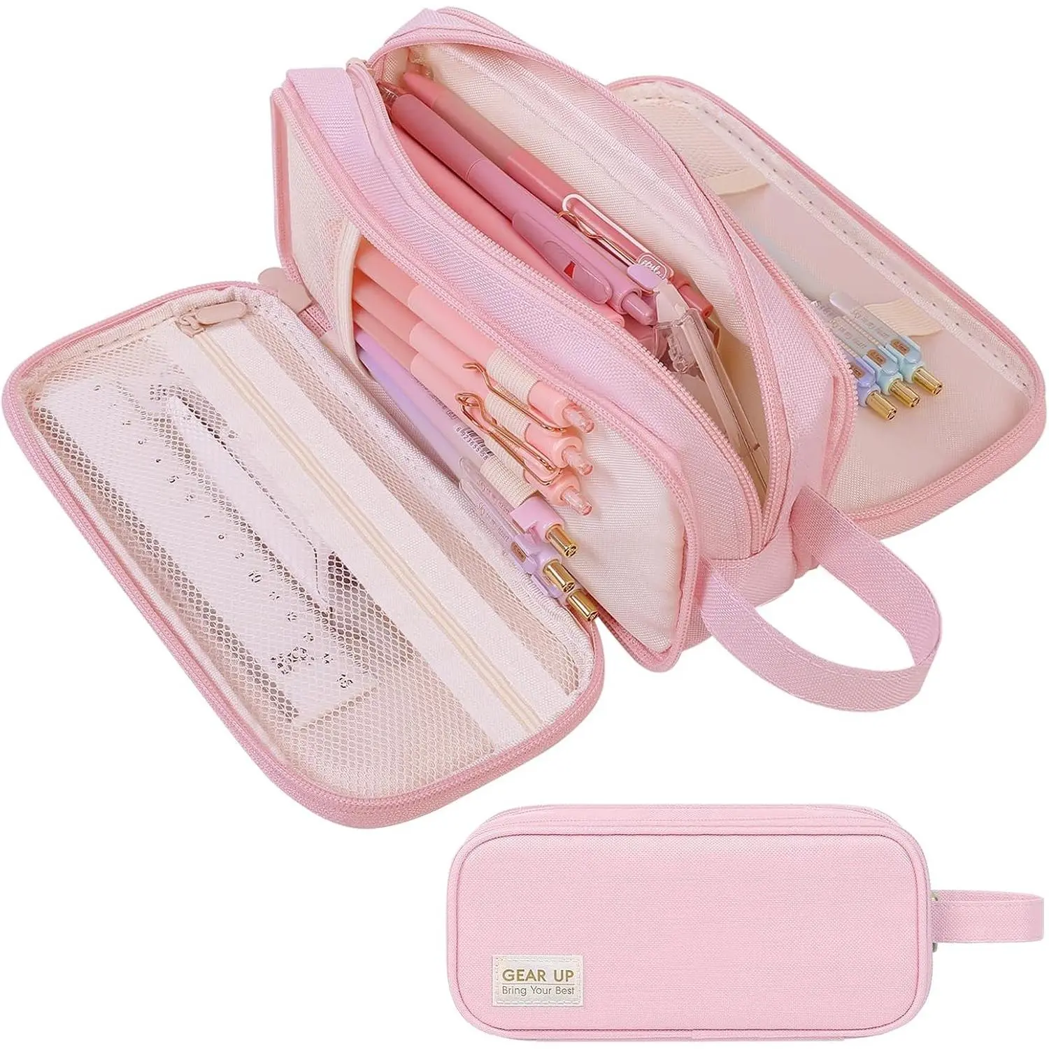 Large Capacity Pencil Case with Handle, 3 Compartment Canvas Pencil Pouch, Cute Soft Color Pencil Bag for Pens, Markers, Aesthetic Stationery and Organizer for Teen Girls Adult,