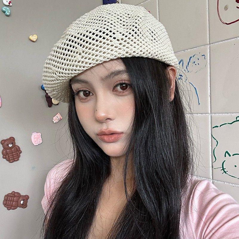 Korean Straw Woven Berets for Women Summer Thin Hollow Mesh Painter Cap Solid Color Breathable Female Lady Pumpkin Hats