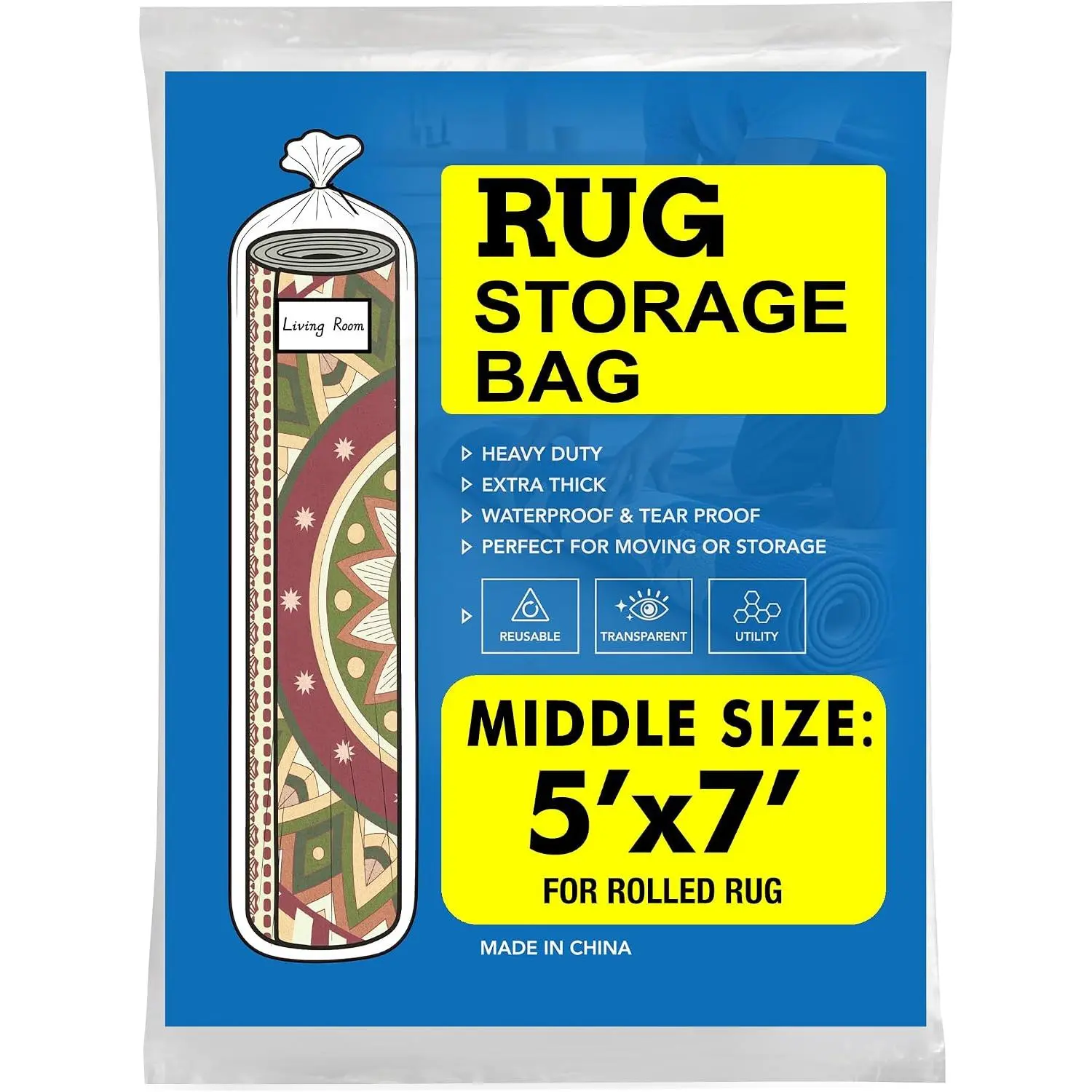 Plastic Rug Storage Bag with Zip Tie Fits Rolled Carpet Up to 5 x 7  | 4 Mil Heavy Duty Carpet Wrap Bag, Ideal for Moving, Packaging, Shipping and Storage, Large Size, 80 x 18 inches