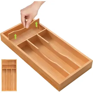 Bamboo Utensil Drawer Organizer with Removable Dividers, Kitchen Organizer for Flatware Cutlery, Silverware Tray for Drawer (5/4 Flexible Slots, Natural)