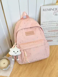 New Retro Oxford Starry Backpack 6 Colors，Soft Macaron Pink Yellow Green Blue Purple White，Lightweight Anti-Theft School Bag with Cloud Pendant for Teen Girls，Cute Sparkle Casual Daypack for Daily College Travel
