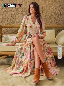 women's leaf print contrast lace button front split thigh dress, bohemian elegant dresses bishop sleeve v neck ruffle hem long dress for holiday vacation, ladies fall & winter clothes, womenswear,  vacation dresses