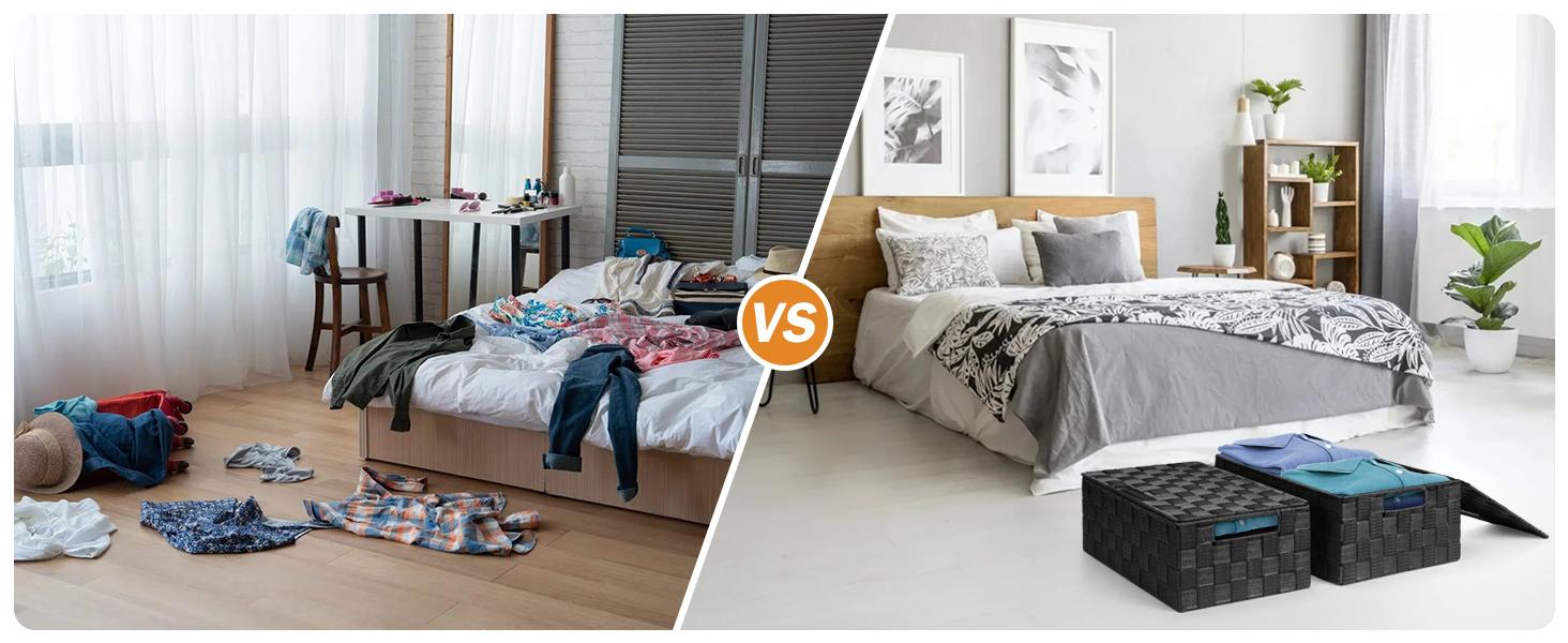 Storage Bins Baskets for Organizing with Lids, Storage Baskets for Shelves Stackable Woven Basket, Gift Small Basket Storage Cubes, Decorative Wicker Basket with Built-in Handles (5 Pack, Black)