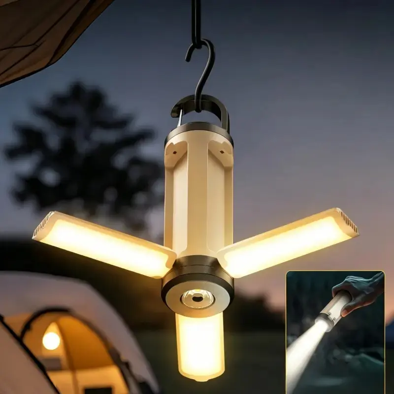The outdoor essential, 3-in-1 flashlight, Portable camping flashlight, tent lantern & ambient light with 360 COB lighting, multi-color modes, carabiner hook, Lightweight, rechargeable, perfect for camping, hiking, emergencies, night walks