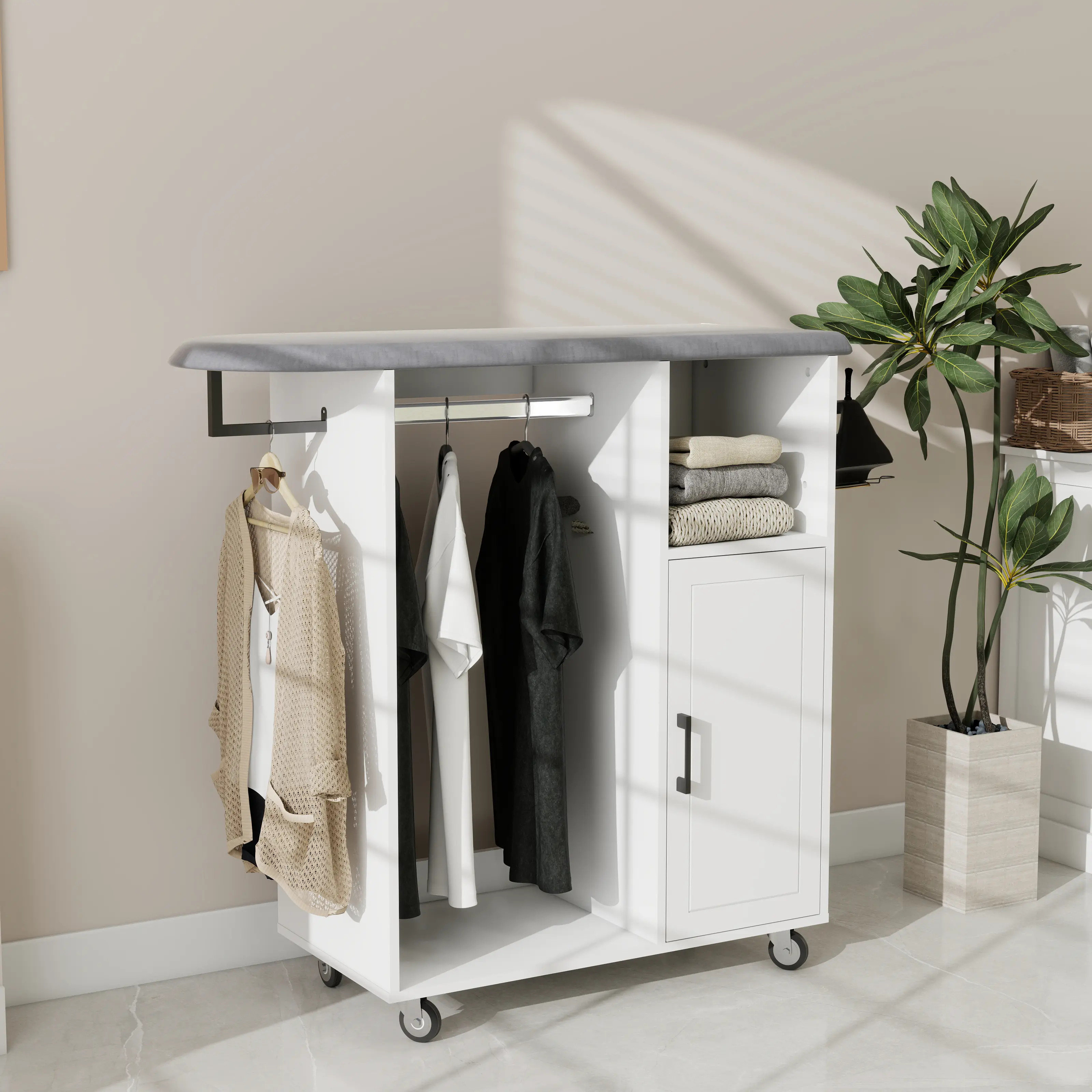 White Nokka Rolling Ironing Cart with Adjustable Ironing Board, Cover, Hanging Laundry Storage Cabinet on Wheels, Compact Mobile Station for Bedroom, Cloakroom, Space-Saving Home Organizer & Utility Cart