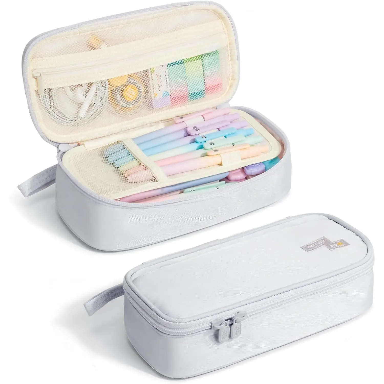 Large Pencil Case, 5 Compartments Pen Organizer, Big Capacity Canvas Pencil Pouch Bag for School Supplies, Portable Stationery Holder for Teen Girls, Women (Light Gray)
