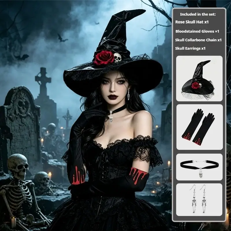 Halloween Witch Costume Set, Witch Hat Gloves Spider Necklace Stickers, 4-Piece Party Cosplay Accessories, Halloween Dress Up Kit