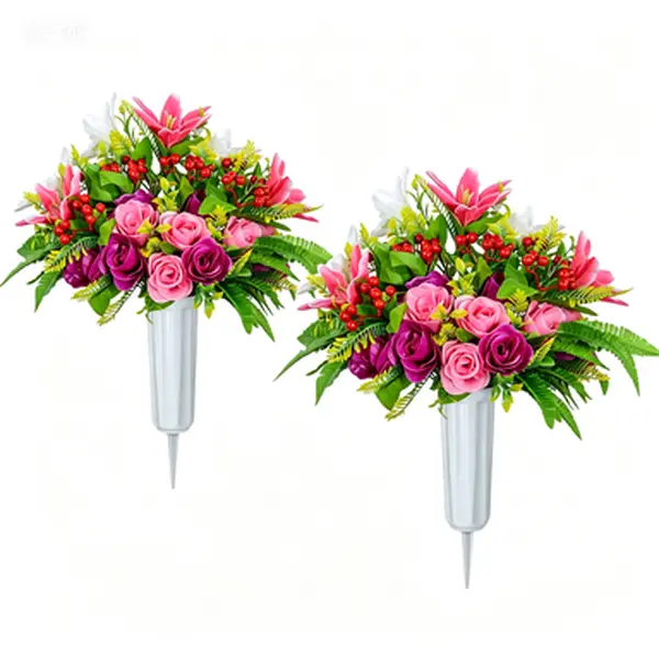 2 Pack Memorial Flowers with Vase, Realistic Artificial Rose Lily Bouquet for Gravesite, Outdoor Decoration Cemetery Arrangement for Headstones, Weatherproof Artificial Floral Display