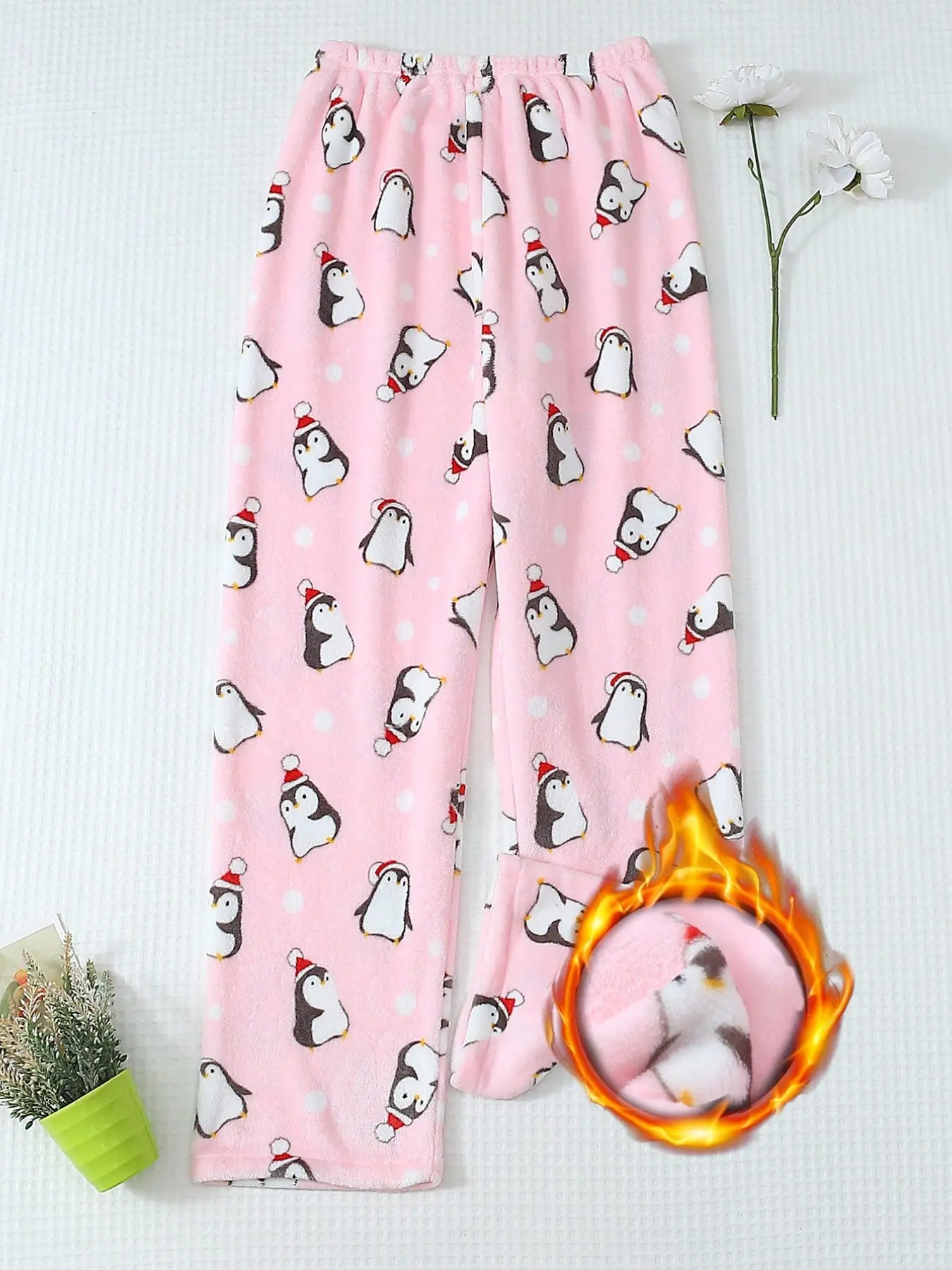 1pc Unisex Cute Penguin Print Pajama Pants, Soft & Comfortable, Flannel Lined, Cozy for Autumn/winter, Casual Loose-Fit
