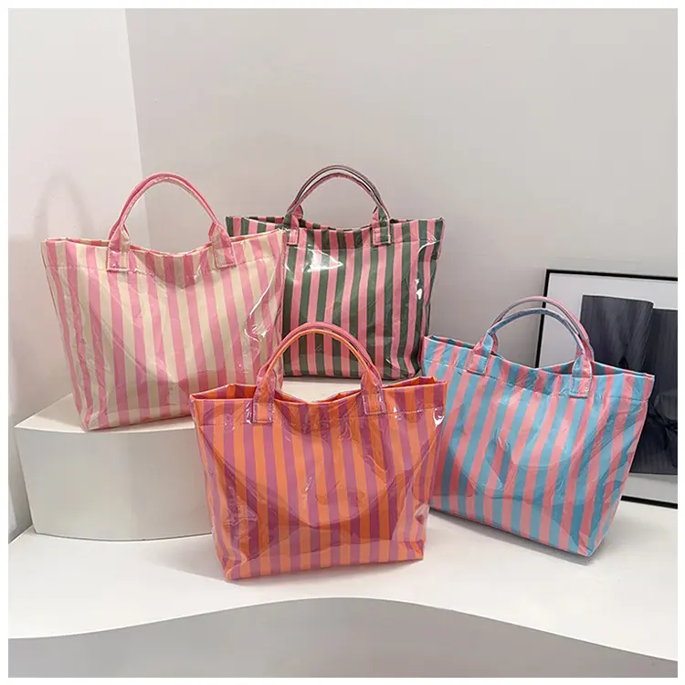 Women's Large Striped Tote Bag, Casual Chic Waterproof Carryall with Double Handles for Work & Beach, Double Handle, Tote Purse