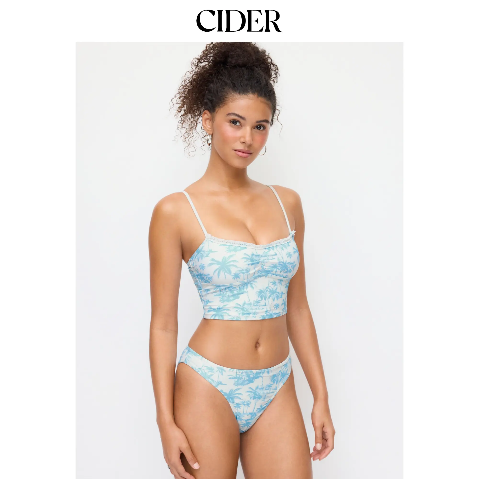 Cider Sweetheart Floral Lace Trim Ruched Tankini Low Rise Cheeky Bikini Set