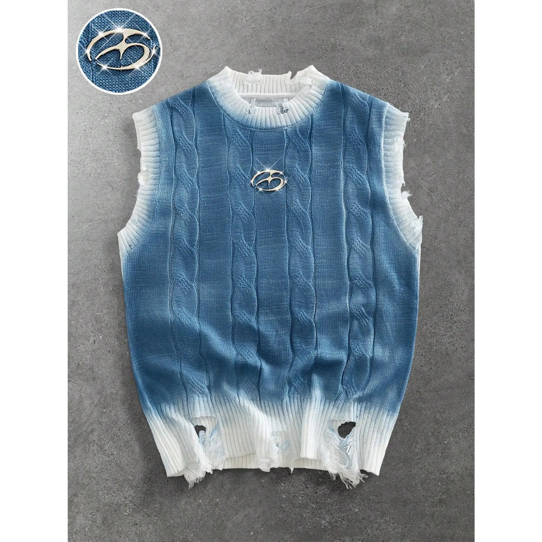 Men's Streetwear Ombre Sweater Vest, Long Cable Knit Sleeveless Top with a Crew Neck and Ripped Hem for Year Round Layering, Sizes S-XL, 25.2In, 26.0In, Casual