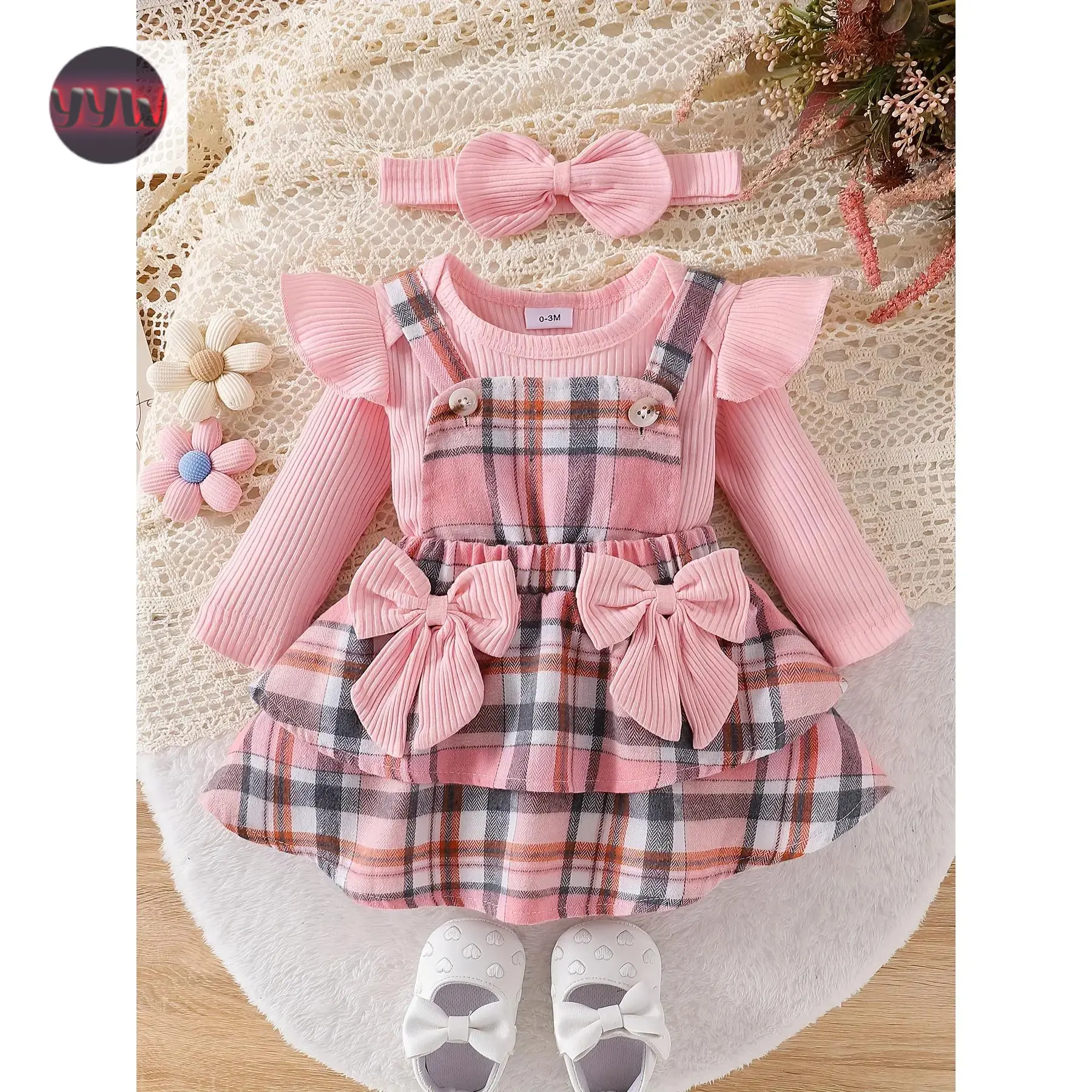 YYW1 Baby Girls' 3-Piece Long-Sleeve Jumpsuit Set - Newborn Baby Clothing with Bow, Headband, Fall Winter Outdoor Wear 0-18 Months Infants, Baby Girl Clothes