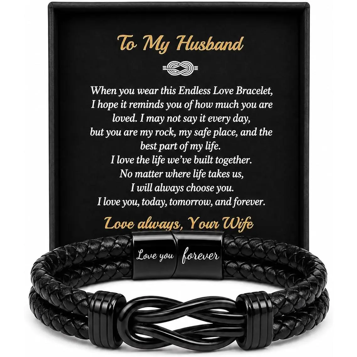 Infinity Knot Bracelet Gifts for Men Teen Boys, Braided Leather Stainless Steel Clasp, Love You Forever  with Message Card for Son Husband Dad