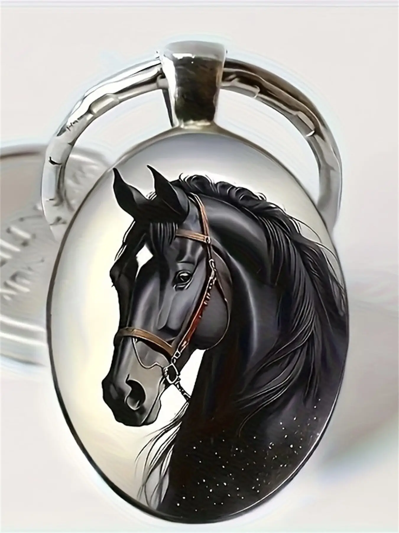 1 PC Fashion DIY Zinc Alloy Keychain, Elegant Black Stallion Horse Pattern Oval Glass Key Ring, Unisex, Perfect for Parties, Weddings, Birthdays, Holidays