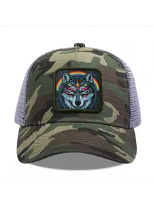Wolf with rainbow background Camouflage Mesh Baseball Cap for Men & Women - Adjustable Snapback Trucker Hat, Breathable Back for Hiking, Fishing, Camping, Golf & Casual Outdoor Attire Camouflage Random