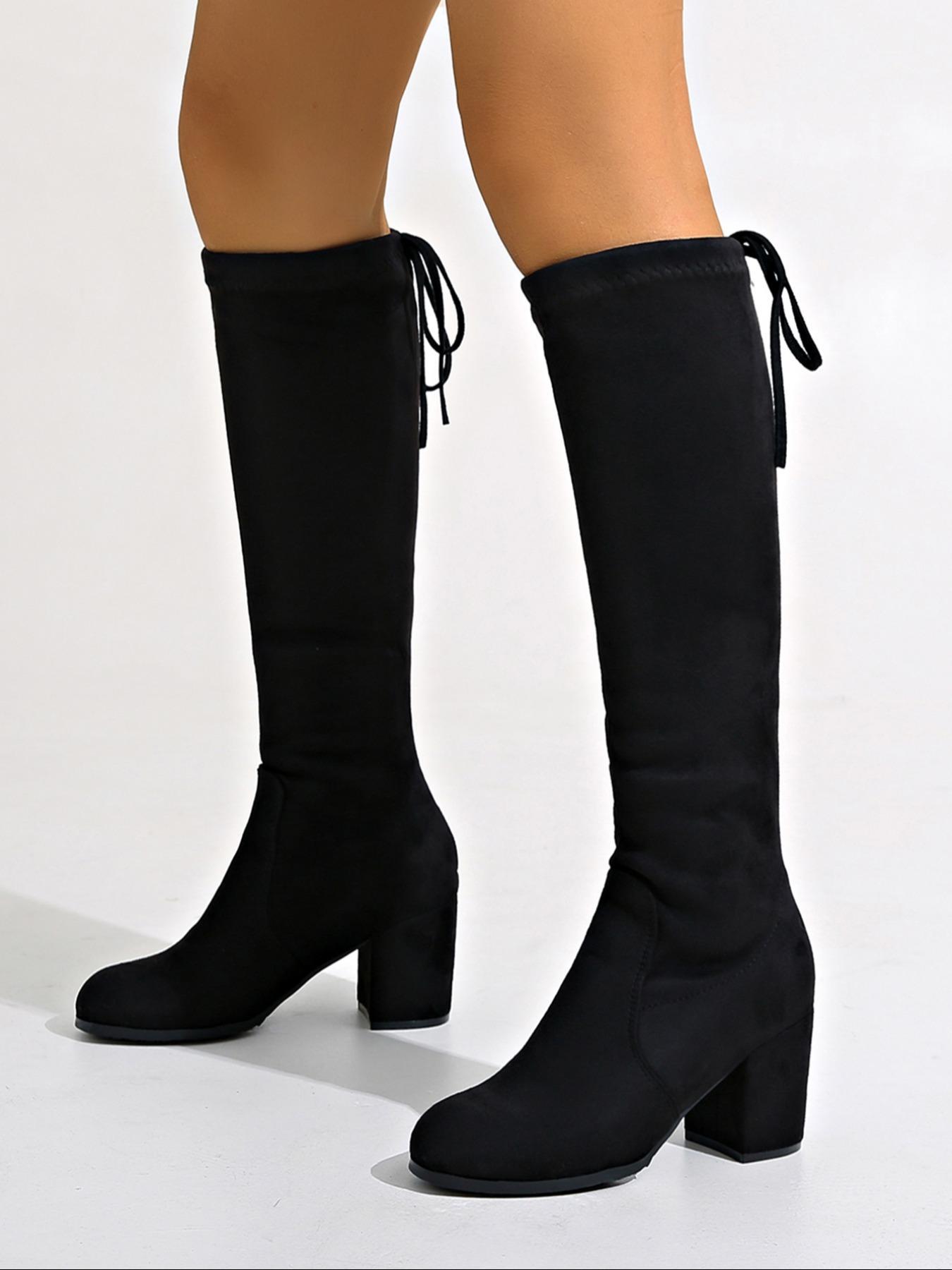 Women's Solid Color Lace Up Back Knee Boots, Fashionable Pointed Toe Boots for Fall & Winter, Female All-match Trendy Shoes for Daily Wear, Valentine's Day Gifts