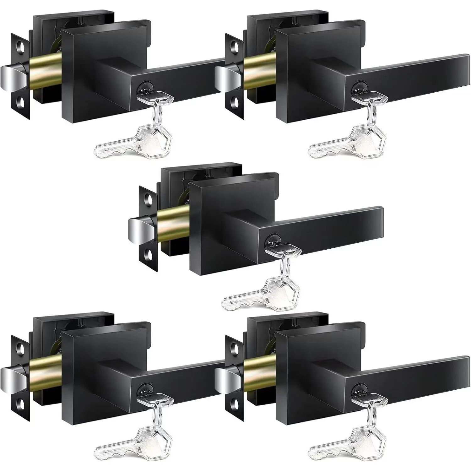 Door Handles Interior, Door Knobs Interior, Black Door Handle with Reversible Lever, Keyed Alike Door Lock Sets  Bedroom, 5 Packs Heavy Duty Door Lock Sets, Matte Black