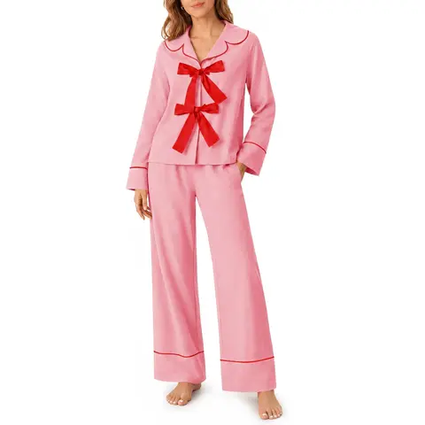 Yousify Women's 2-Piece Cozy and Cute Cotton Pyjamas Set - Long-Sleeve Button Top with Scalloped Collar, Red Bows, Contrast Piping, Wide-Leg Casual Sleep Pants, Soft Nightwear Loungewear