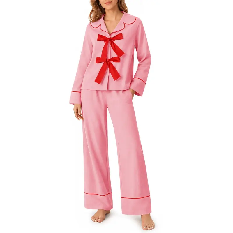 Yousify Women's 2-Piece Cozy and Cute Cotton Pyjamas Set - Long-Sleeve Button Top with Scalloped Collar, Red Bows, Contrast Piping, Wide-Leg Casual Sleep Pants, Soft Nightwear Loungewear