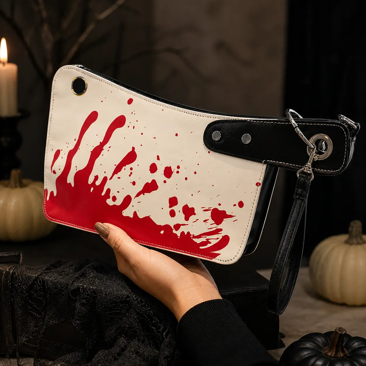 Women's Halloween Meat Cleaver Handbag, Goth Spooky Blood Splatter Crossbody Bag with Clutch Purse Design, Edgy Kitchen Knife Shape Full-Zip PU Leather Accessory for Parties, Dual Carry Style with Detachable Strap & Wristlet