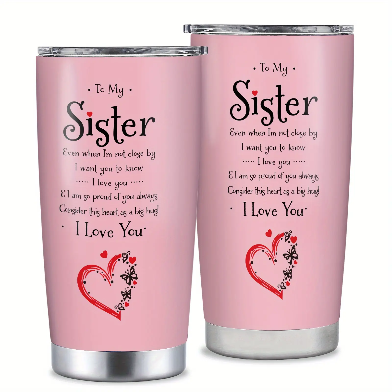 A 20-ounce pink-themed water cup, given to my sister, made of stainless steel, suitable for holding coffee, and comes with a lid. It's an excellent gift for siblings, perfect for birthdays and Christmas, and ideal for both hot and cold beverages