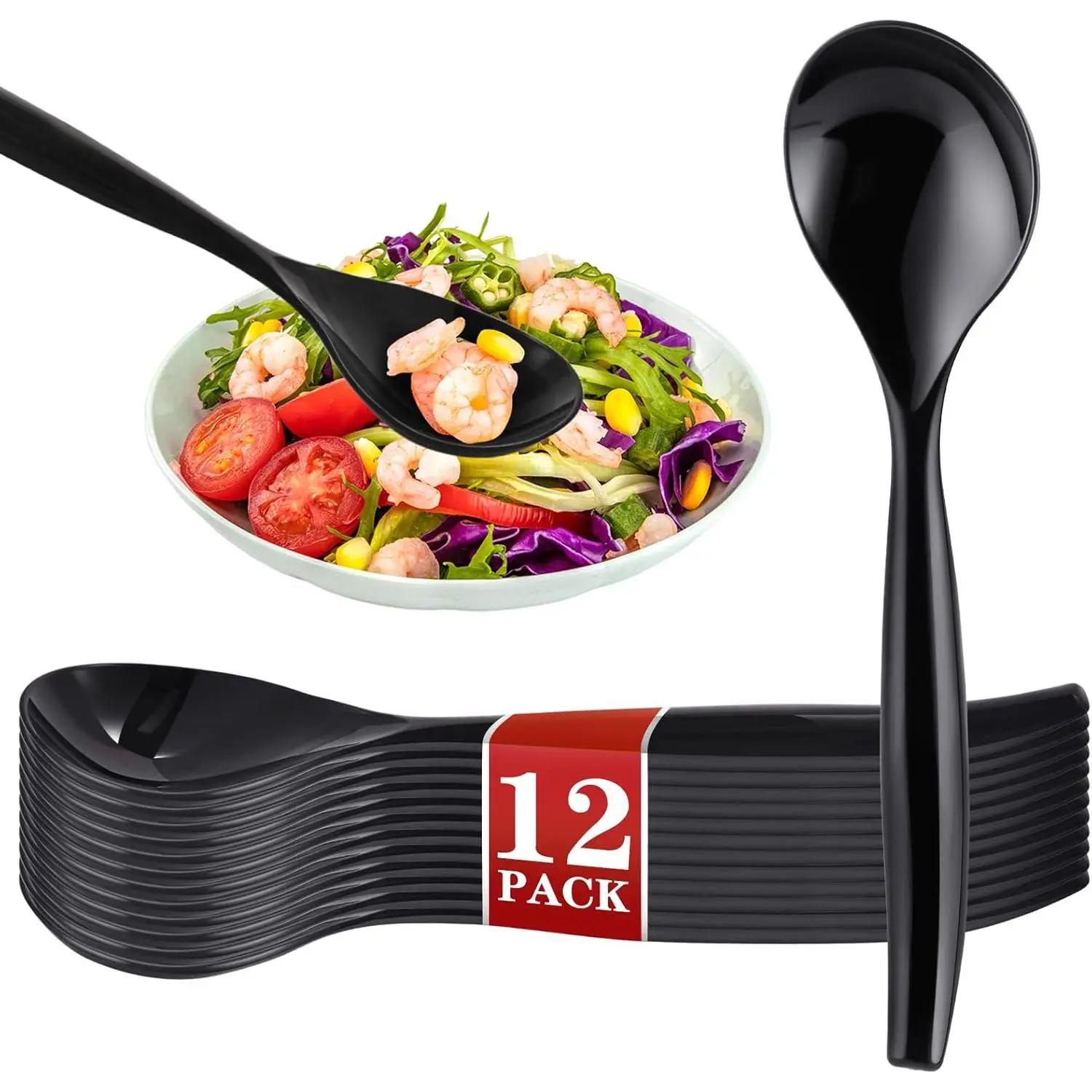 10" Serving Spoons Plastic Serving Utensils 12 Packs Disposable Spoons for Buffet Large Heavy Duty Black Plastic Soup Spoons Catering Supplies for Parties Weddings Gatherings Holiday