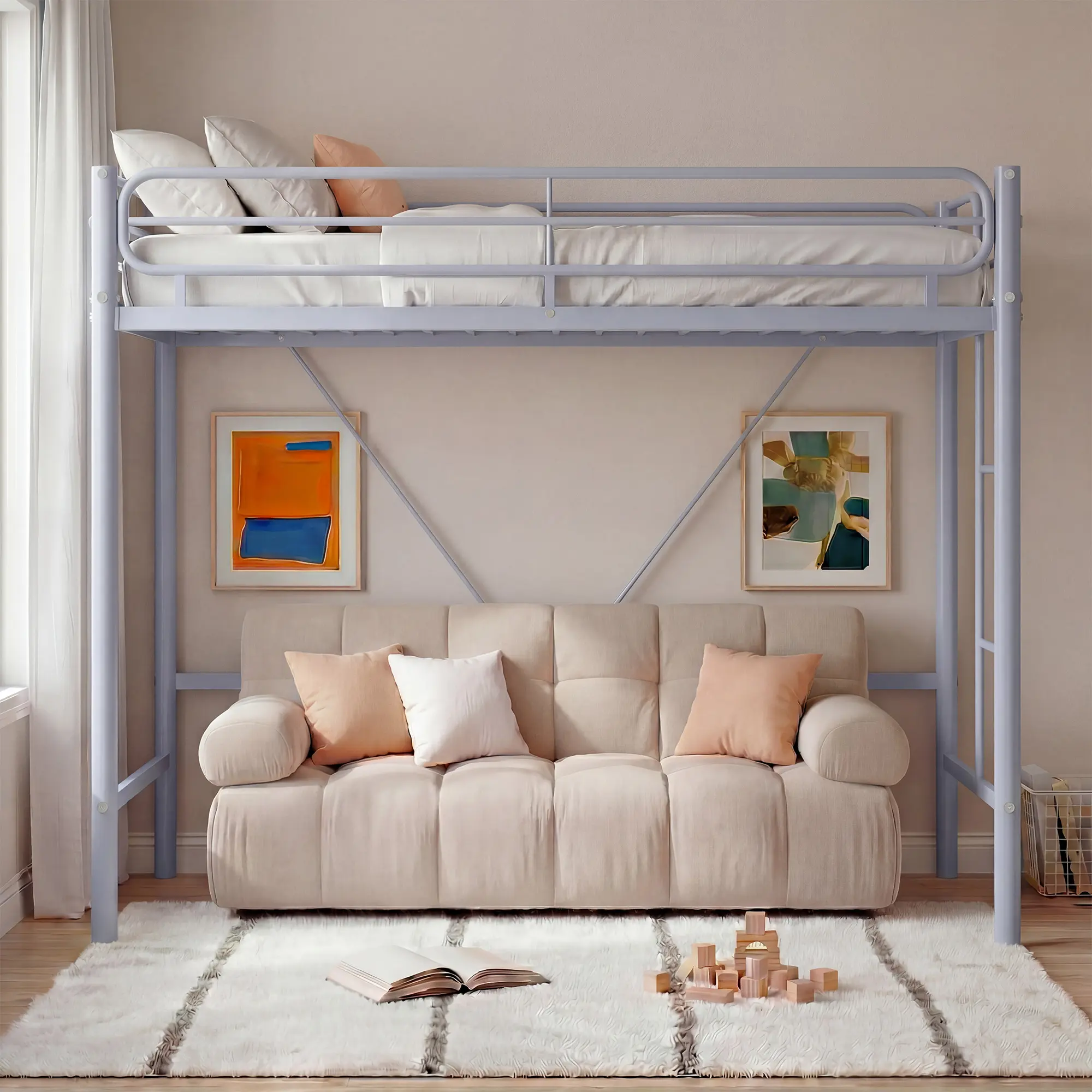 Ivory White Heavy Duty Twin Loft Bed, Metal Frame with 11.7" Guardrail & Space-Saving Underbed Area, 450 lbs Capacity, No Box Spring Needed