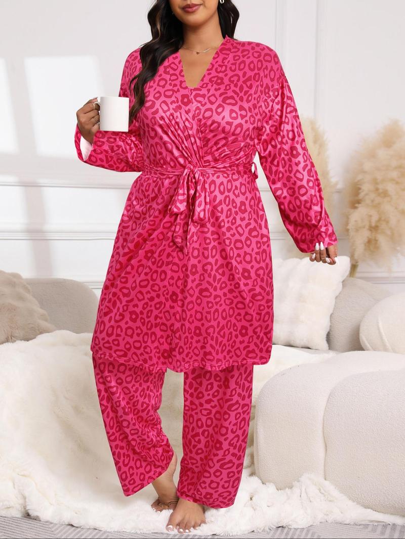 Plus Size Women's  Leopard Print Pajama Set, Casual Comfy Cami Top & Elastic Waist Pants & Long Sleeve Open Front Belted Robe Set, Loungewear Set for Women