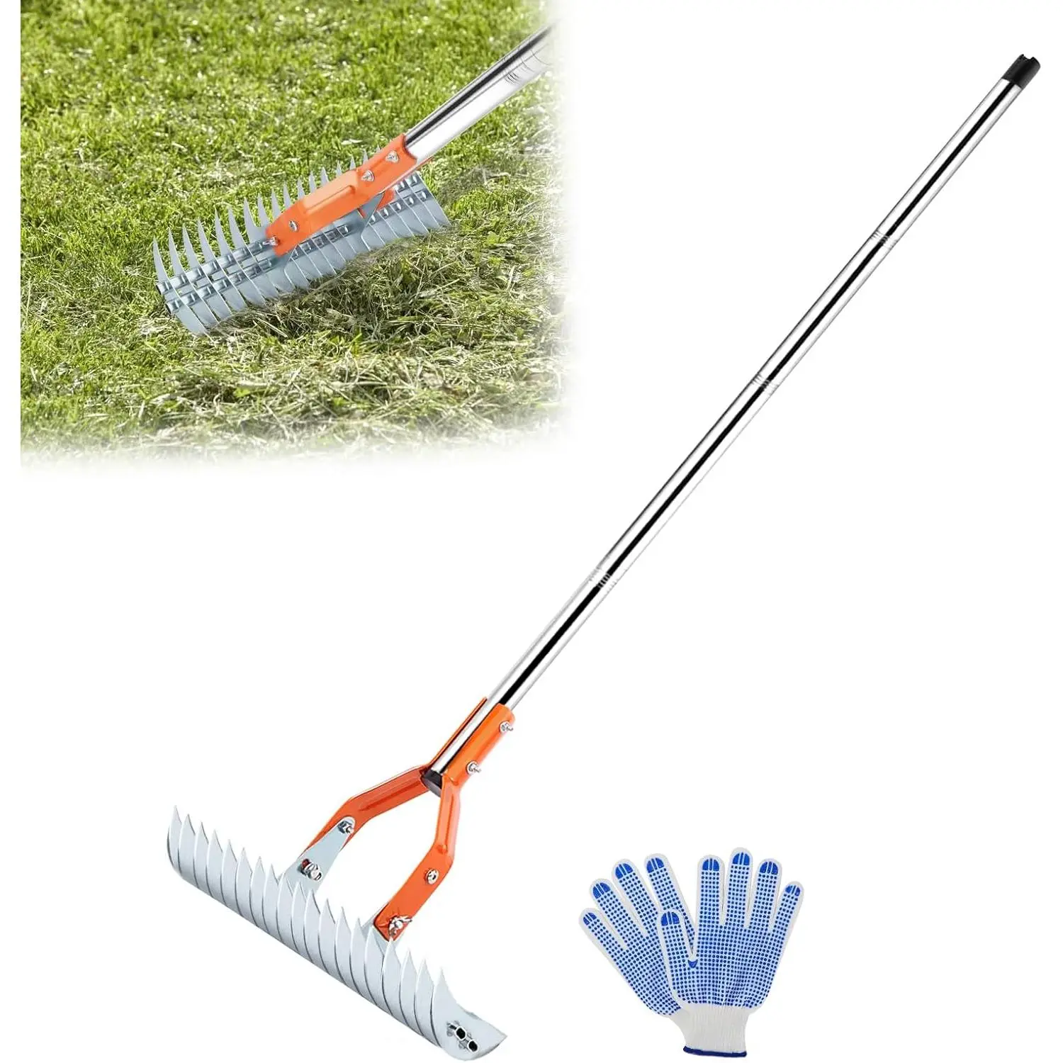 Thatch Rake, 15 Inch Lawn Thatching Rake, Heavy-Duty Dethatcher Rake with Gloves, 64 Inch Versatile Grass  Rake for Withered Grass Cleaning Yard Garden Soil Rake