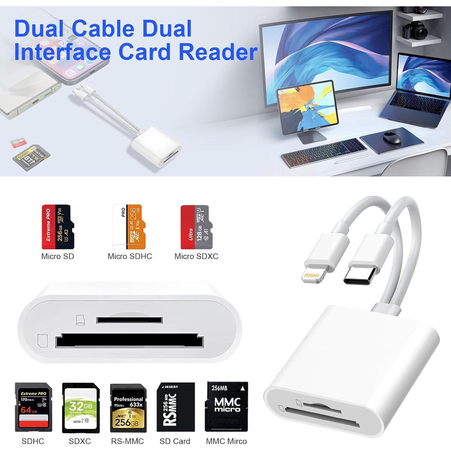 SD Card Reader for  iPad, USB C & Lightning Dual Interface Memory Card Reader, Digital Camera Adapter to /MacBook/USBC Laptop for SD/TF/Sim Card, Plug & Play, Camera Accessories
