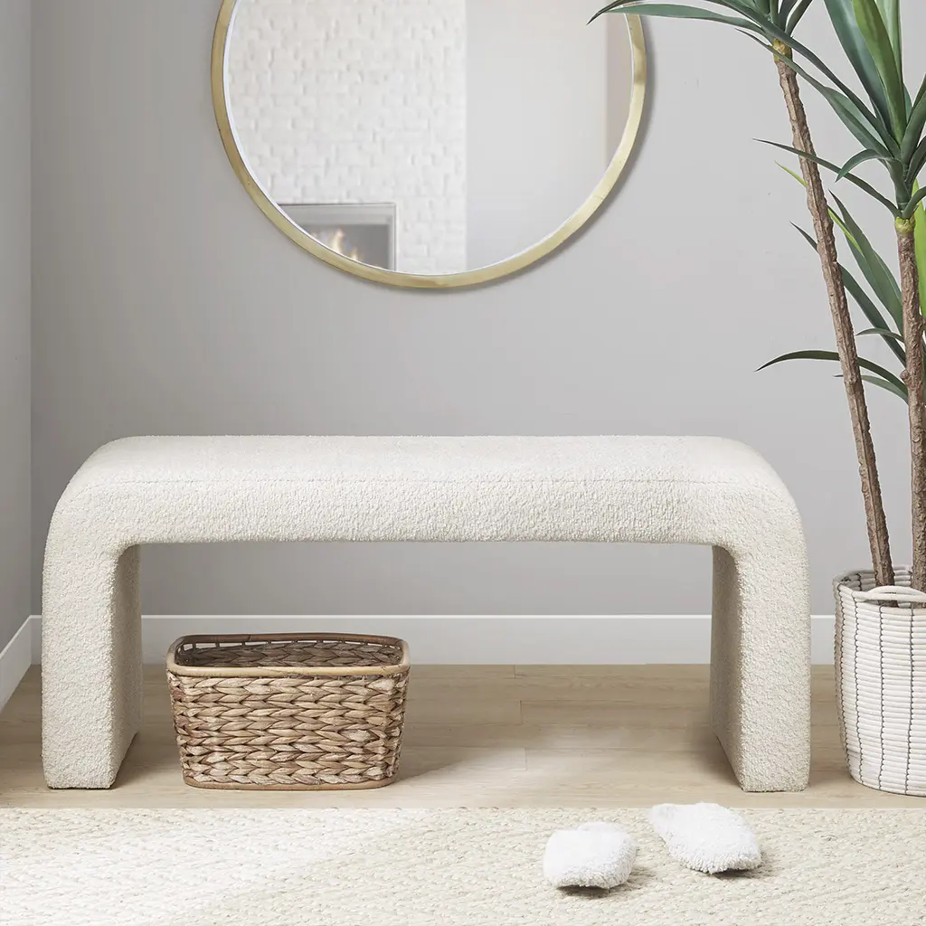 ARCH Boucle Upholstered Bench Cream 42"W Modern Entryway Bedroom Living Room Storage Ottoman Bench with Soft Textured Fabric Seat, Sturdy Wood Legs, Versatile Seating for Hallway Mudroom, Home Furniture and Household Product Search Terms