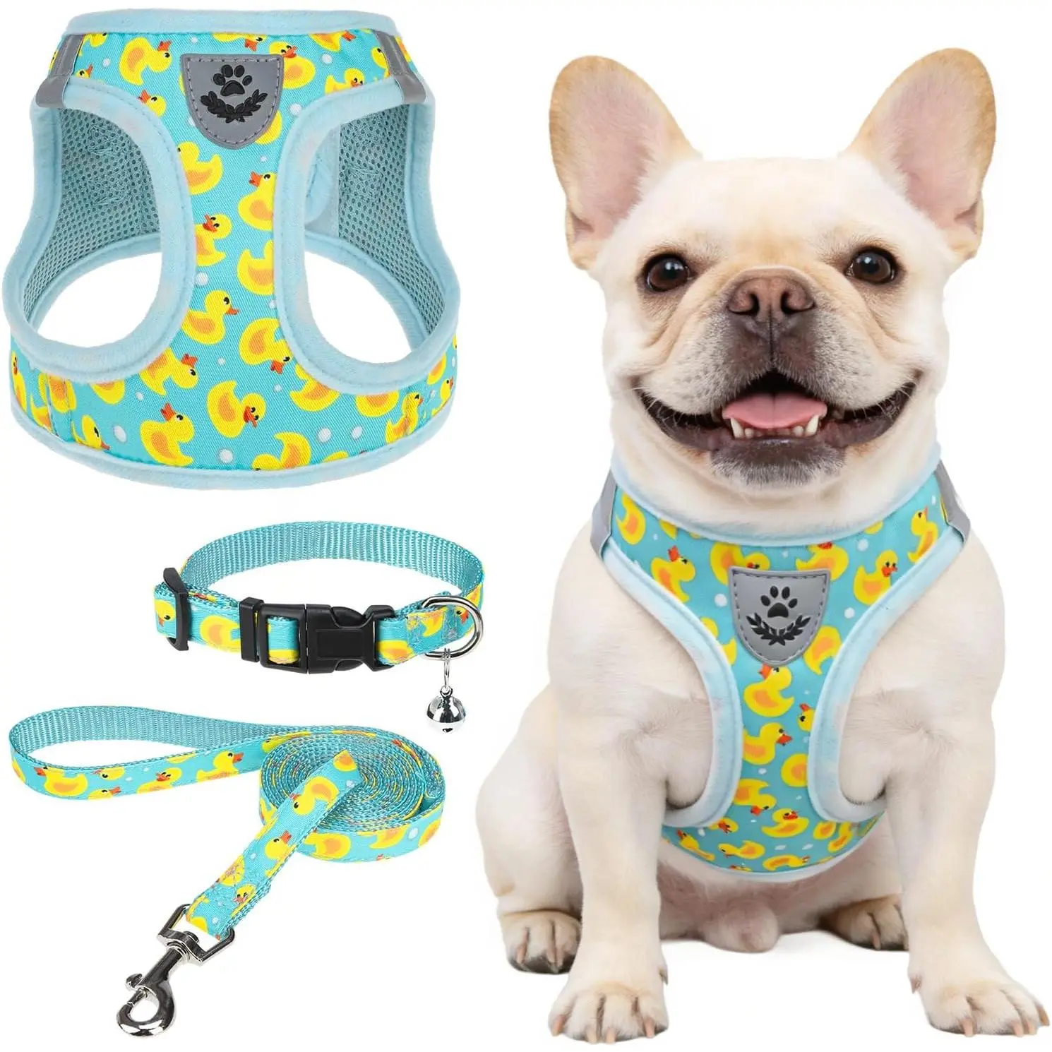 SCENEREAL 3-Pieces Small Dog Harness, Collar and Leash Set - Step-In Soft Light Puppy Vest with Reflective Tape, Breathable Mesh, No-Choke for Safe Outdoor Walking (Yellow Duck M)
