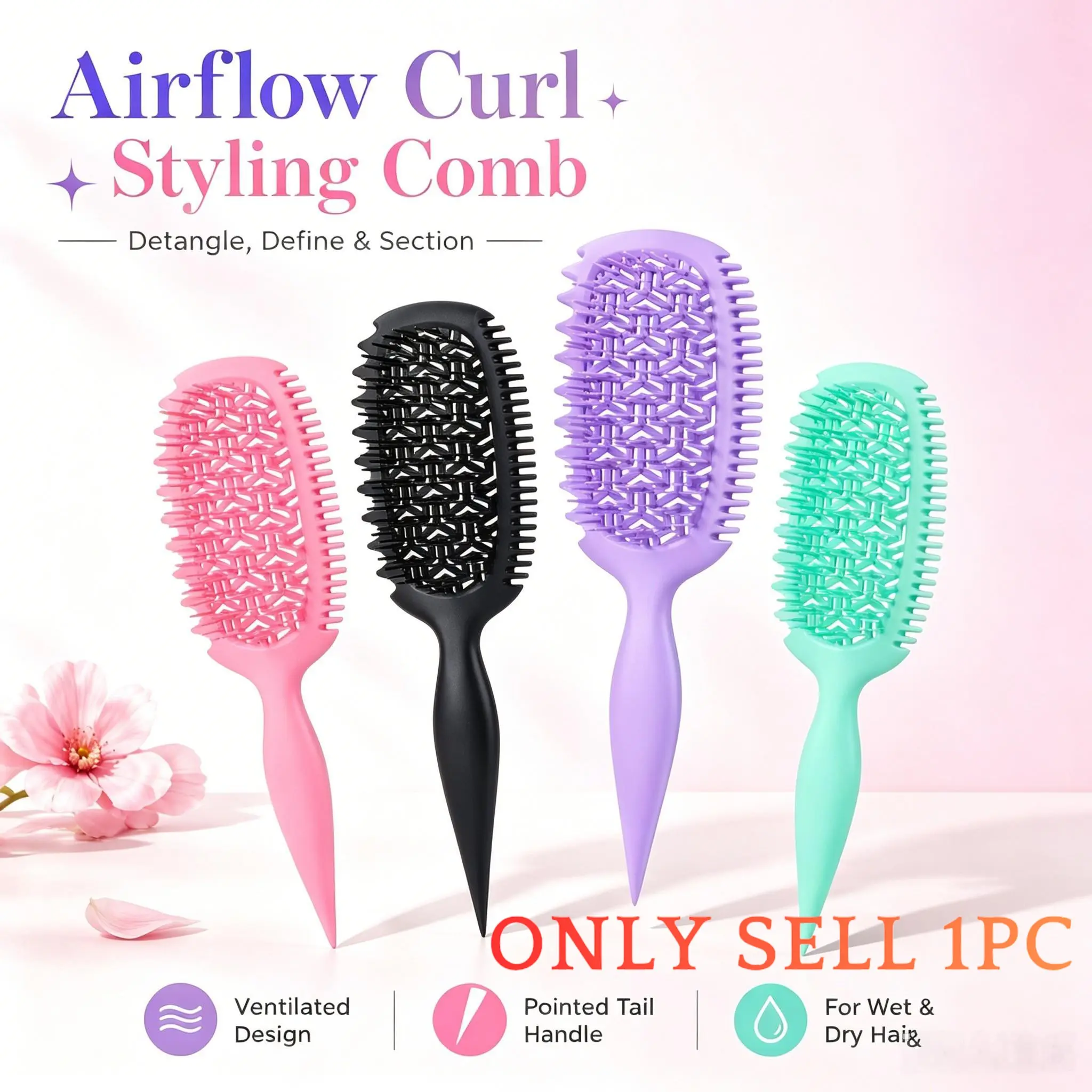 Curl Defining Detangler Brush, Detangling Hair Brush for Curly Hair, Vent Scalp Massage Styling Brush, Anti Breakage Anti Frizz, Fast Drying Vented Design, Suitable for Wet & Dry Curly Wavy Afro Hair, Women Men Salon Use, Hair Grooming Brush, Pink Black