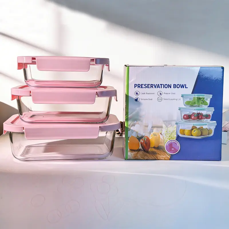 3PCS    Glass Lunch Box Set with Dividers & Lids, Microwave Safe, Food-Grade Borosilicate Glass, Leakproof Portable Food Container for Office Workers Daily Meal Storage