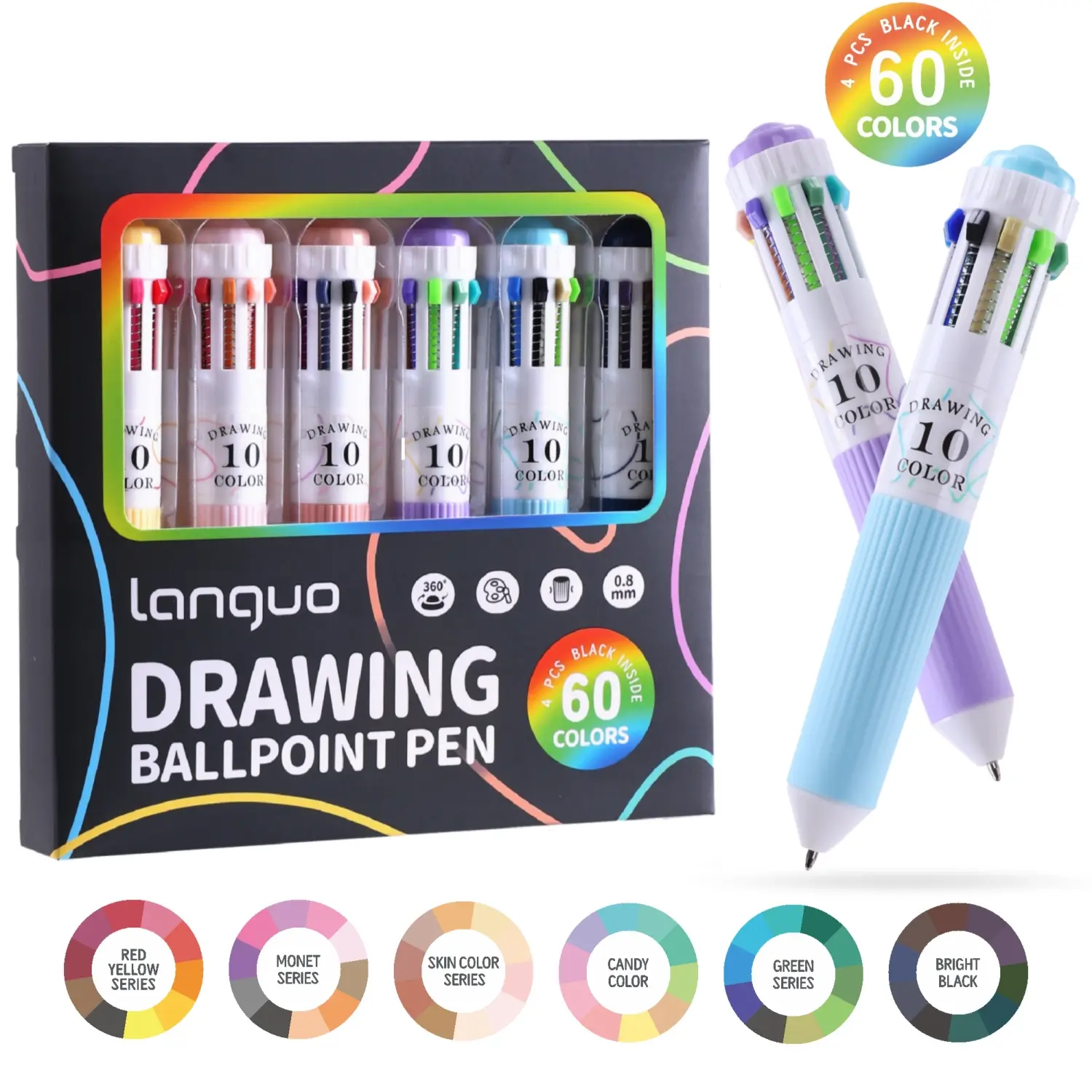 Multicolor Ballpoint Pen Set 0.8mm, 10-In-1 Colored Pens, Fine Point Retractable Ballpoint Pens for Office & School Supplies