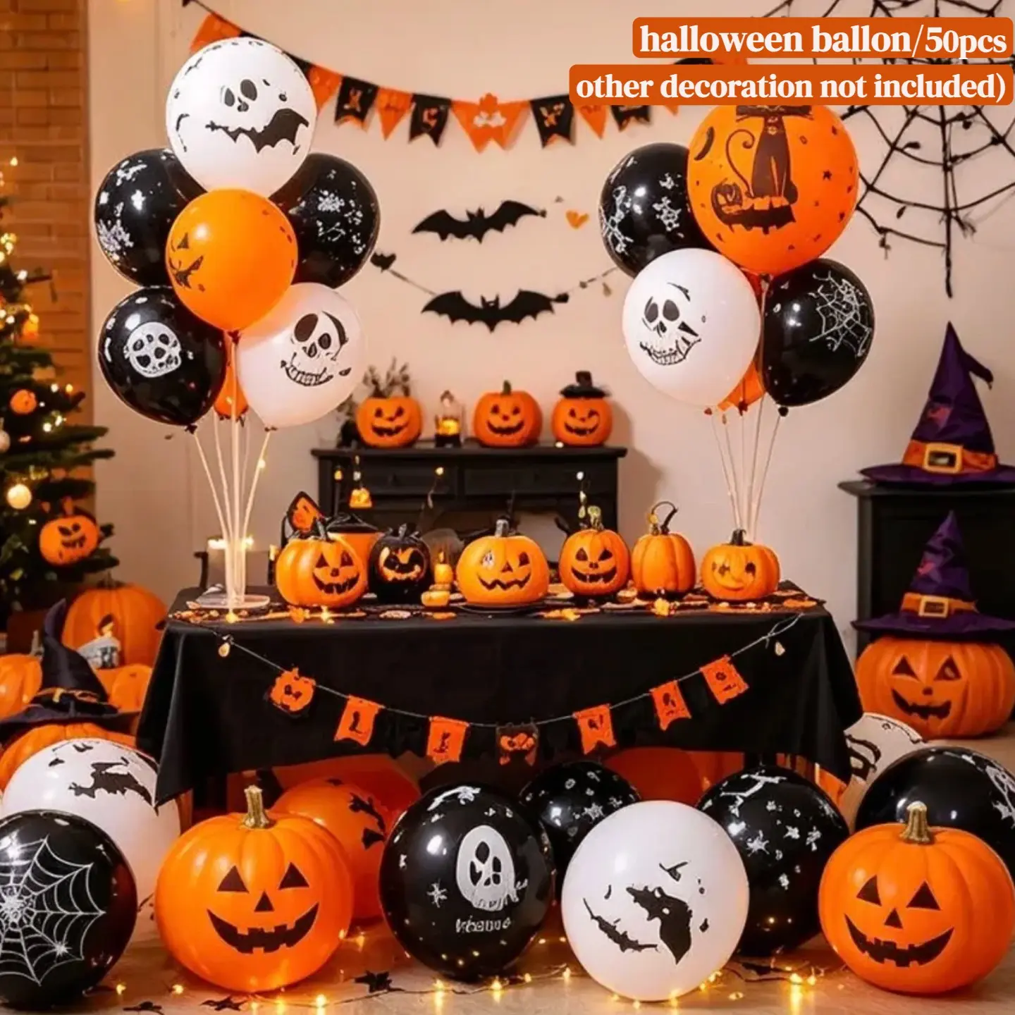 50Pcs Halloween Latex Balloons Set, Orange Black White Pumpkin Bat Spider Web Ghost Printed Balloons, Halloween Party Indoor Outdoor Decorations，halloween decoration