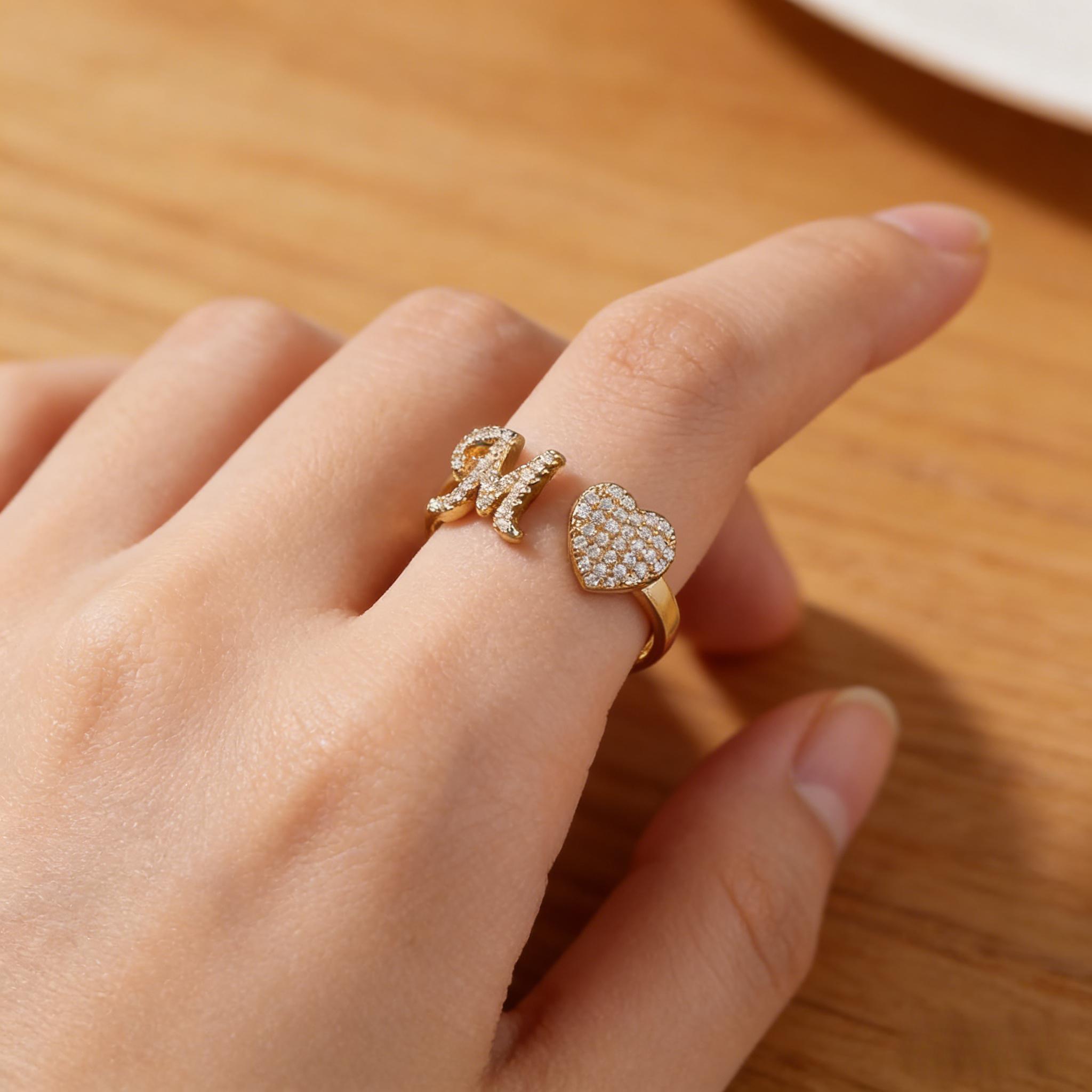 14K Gold Plated Copper Initial Heart Ring for Women, CZ Zirconia Adjustable Open Ring