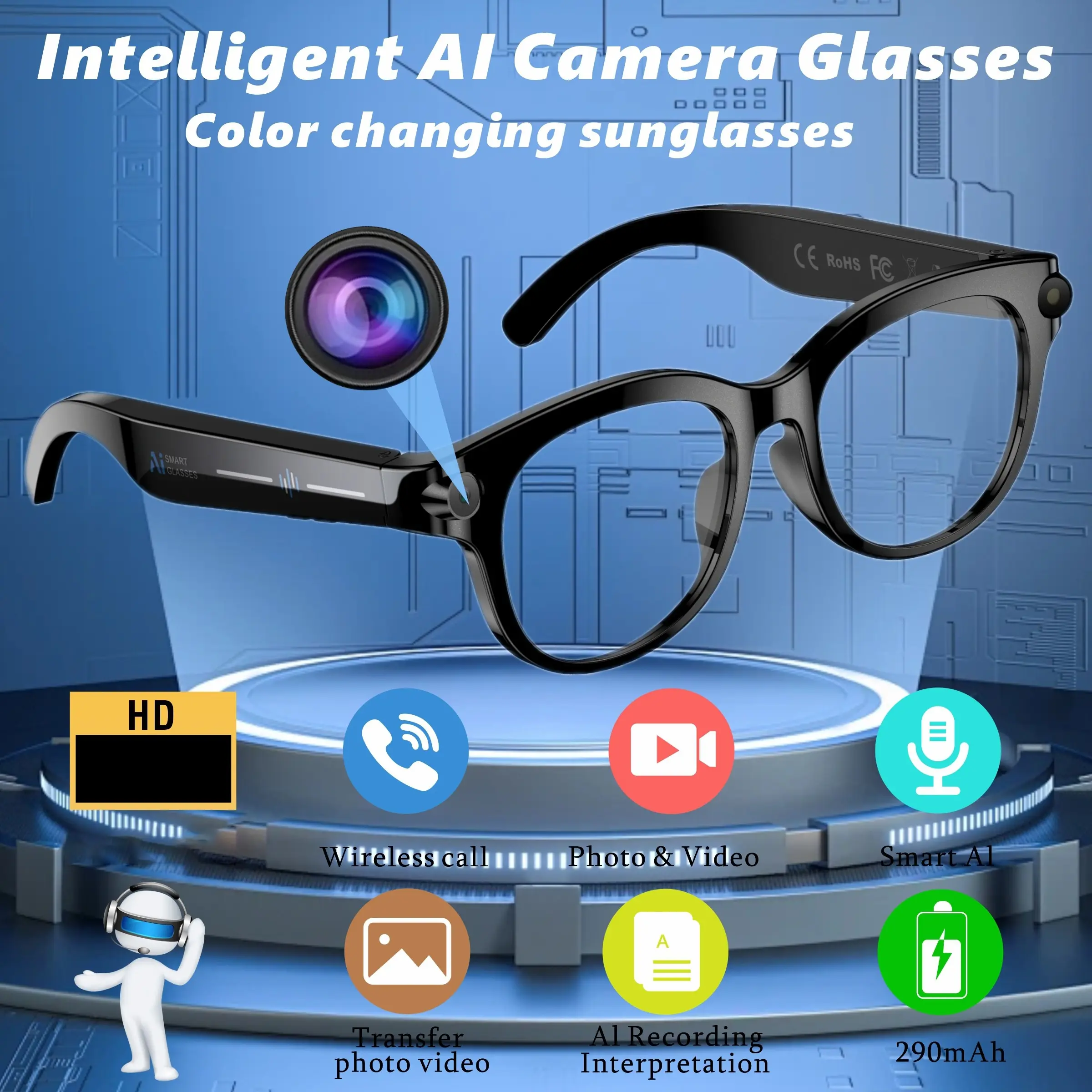 Intelligent AI glasses, high-definition camera, color changing sunglasses, Ai Glasses With Camera, long battery life, voice assistant/photo/video/recording/call/AI translation/music playback, sports, office, dressing, ideal holiday gift