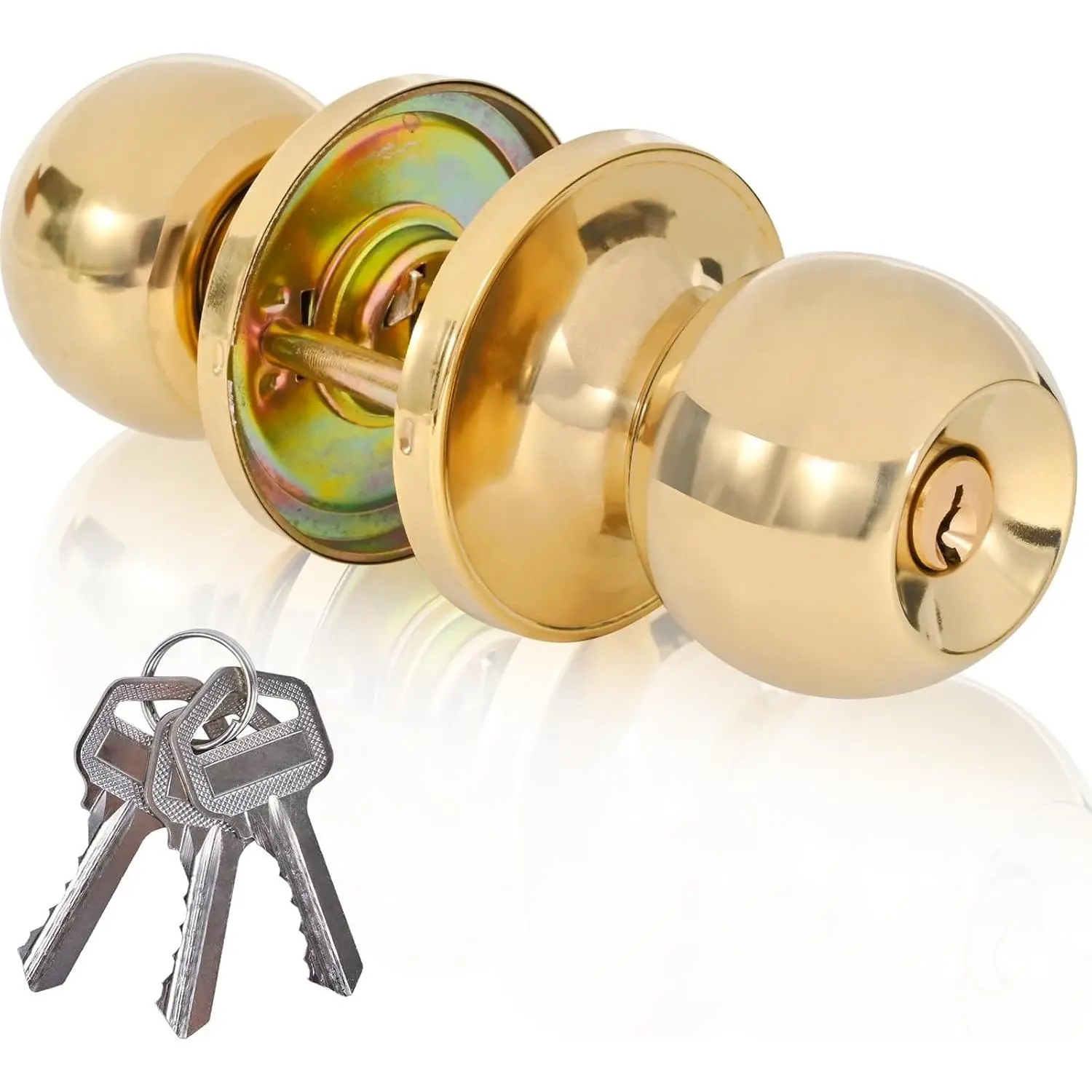 High Security Stainless Steel Gold Round Ball Door Knob with Lock and Key, Suitable for Entrance, Front Door and Bedroom