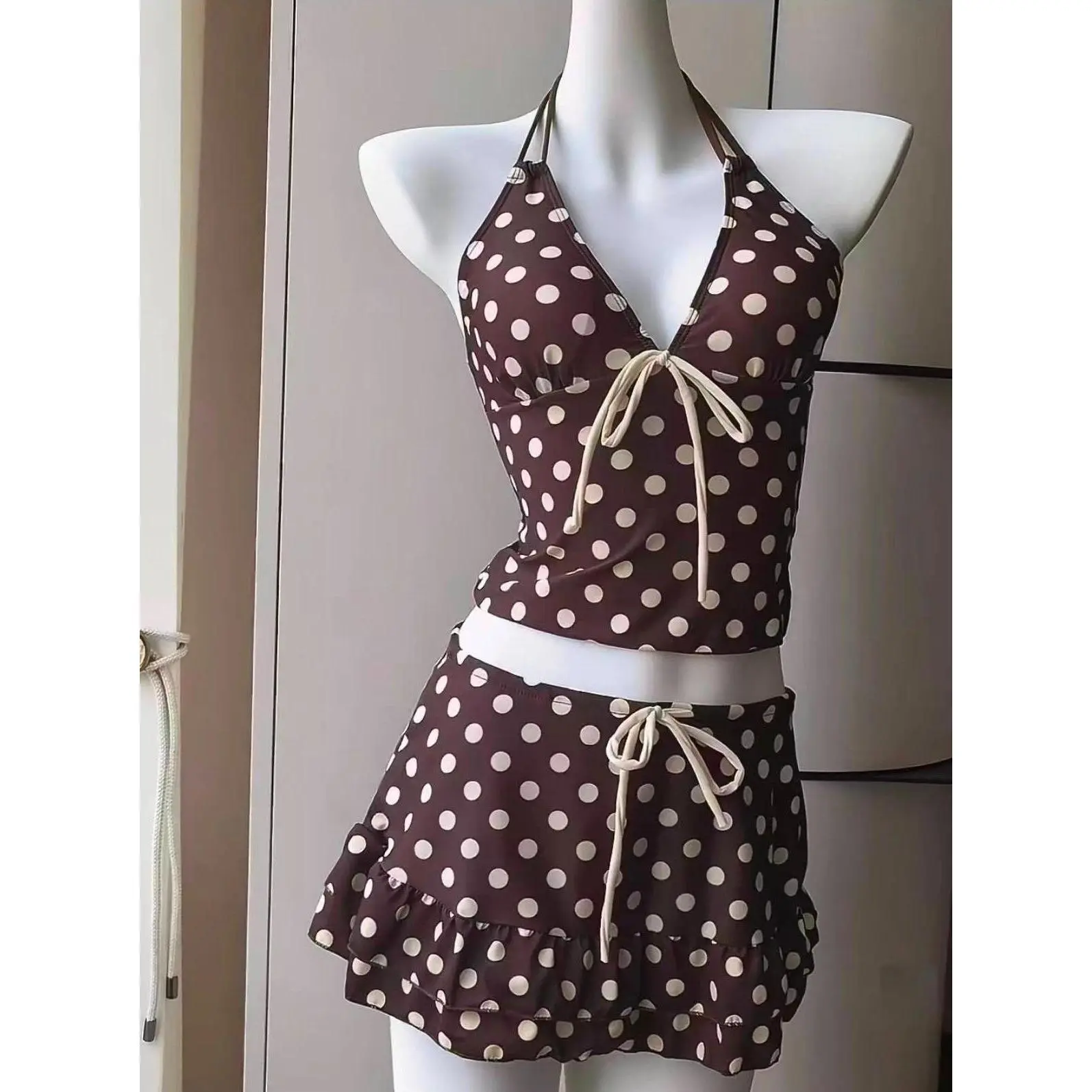 Kawaii Japanese-Style Bikini Set for Women, Sweet Printed Ruffle Trim Halter Top and Side Tie 2-Piece Polyester Swimwear, S, Linen, Ruffles, Acrylic