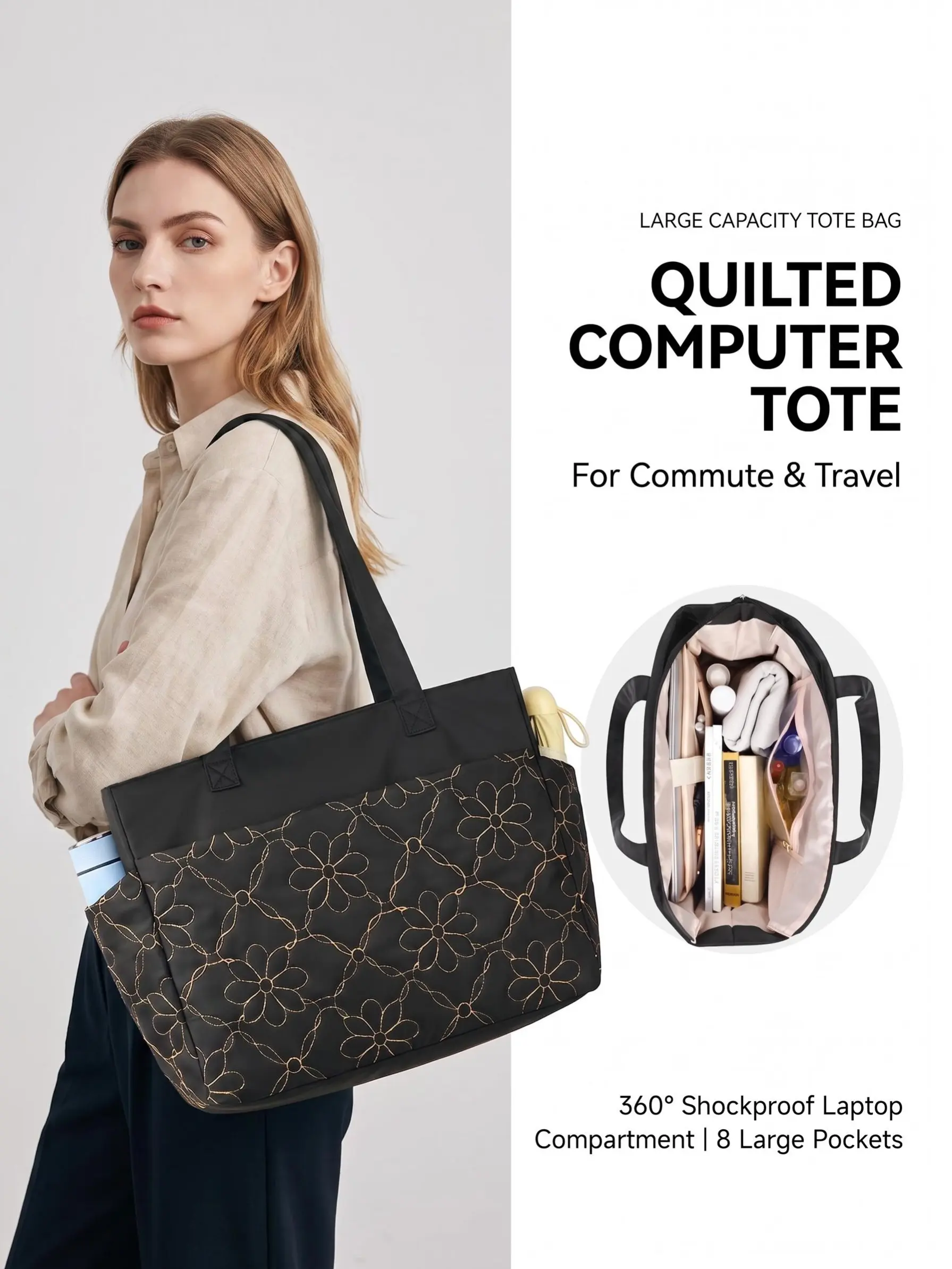 Tote Bag for Women Laptop Shoulder Handbag, Quilted Large Work Tote Bag for Women with Cup Holder & 15.6 Inch Laptop Pocket, Lightweight Best Tote Bag for Travel, Work and School, Quilted Puffer Bag, Gifts For Women TikTokShopBackToSchool