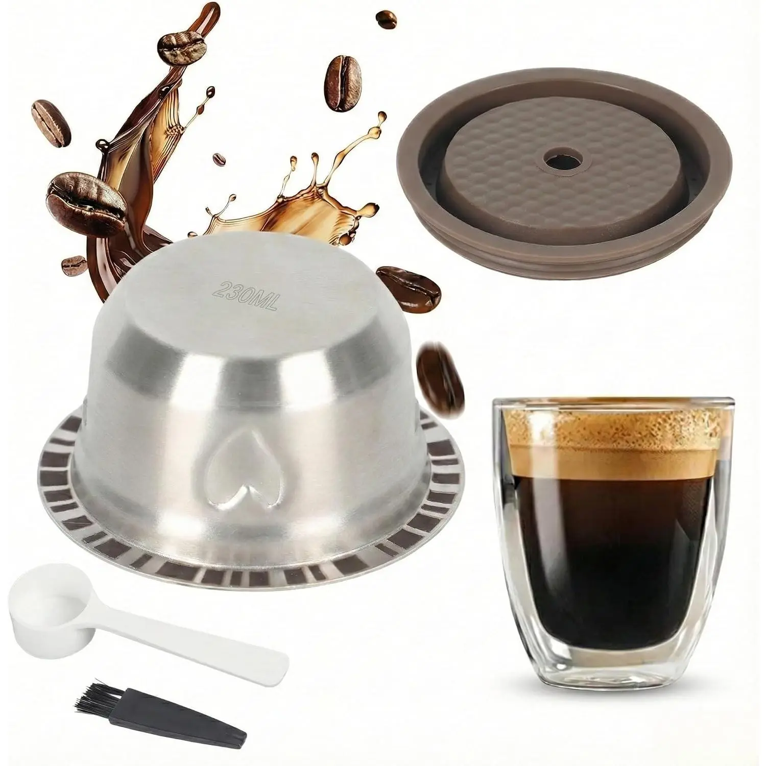 Eco-Friendly Reusable Filter Pods for Nespresso Vertuo Pop, Next, Plus - 230ml/7.8oz Large Mug-Size Heart Shape Capsules with Leak-Proof Silicone Lids, Sturdy Stainless Steel Coffee Gift