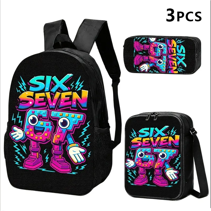 Kids' 3-Pieces Neon Graffiti Backpack Set for School Use - 6-7 Age Group, Rainbow Friends Print Oxford Cloth Daypack, Lunch Bag, Pencil Case with Adjustable Straps