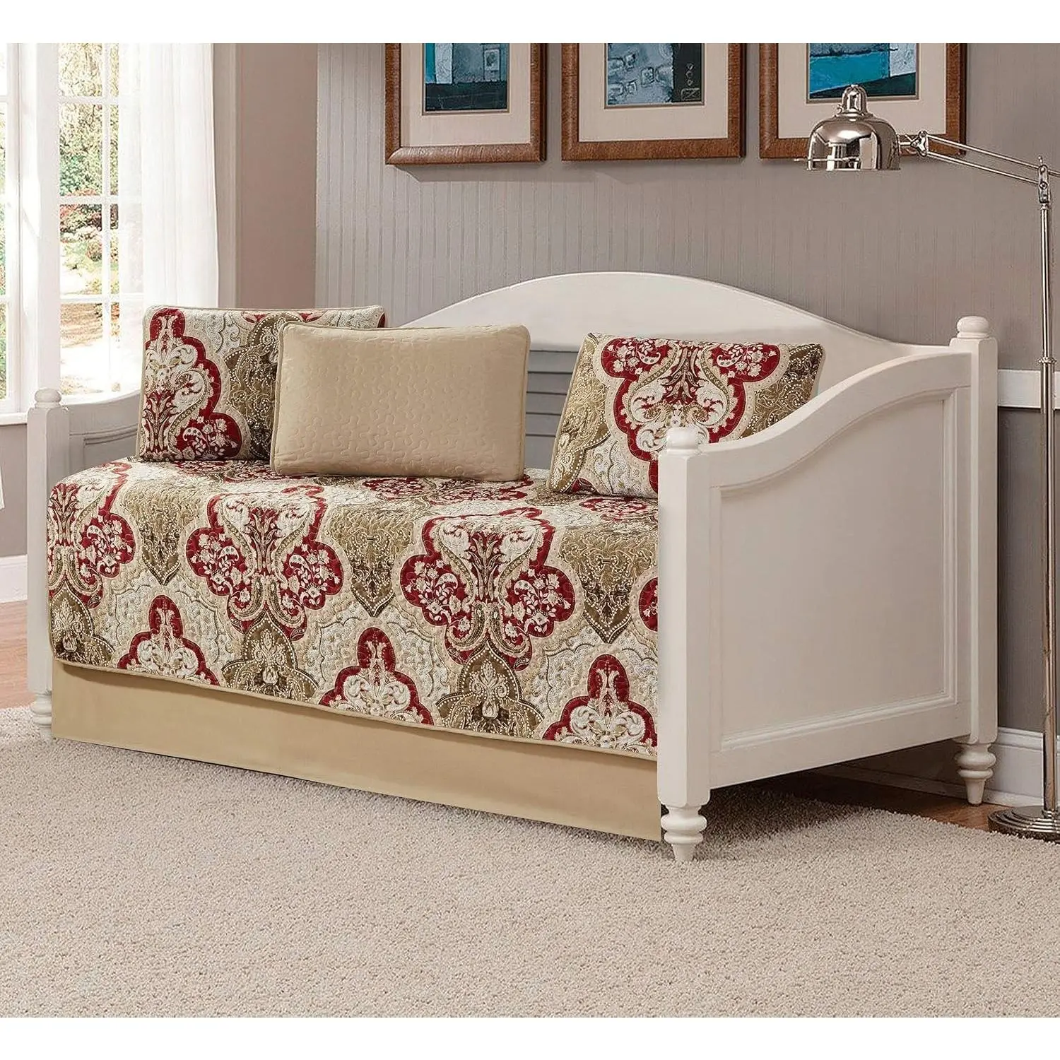 5 Piece Daybed Quilted Bedspread Set Damask Pattern Taupe Burgundy Brown