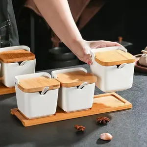 1 Pack Square Ceramic Spice Jar – Japanese Style Seasoning Container with Flip Lid, Korean Kitchen Salt Sugar Holder, Decorative Storage Pot for Cooking, Spices Containers, Kitchenware